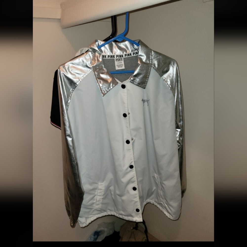 VS pink limited edition silver foil and white windbreaker